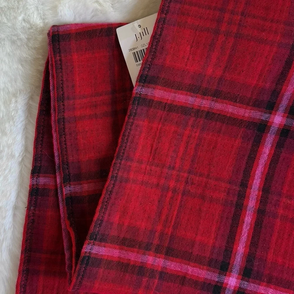 J JILL NWT Double-Face Infinity Scarf Houndstooth Plaid Scarlet Red Black